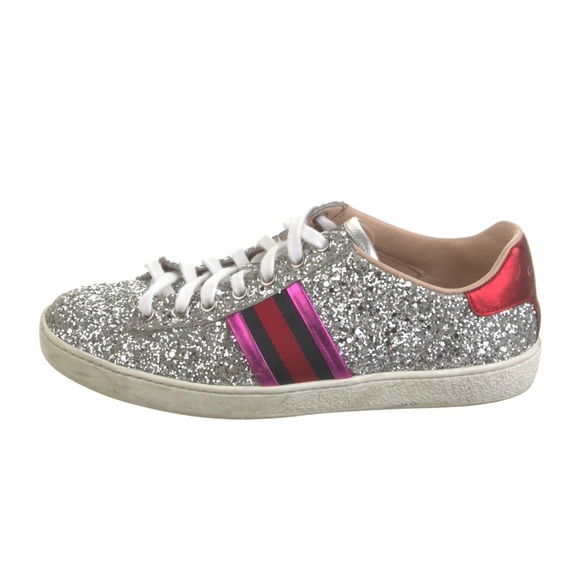 Gucci silver sequin leather low top sneakers, size 37 (fits like 38) - Picture 1 of 11